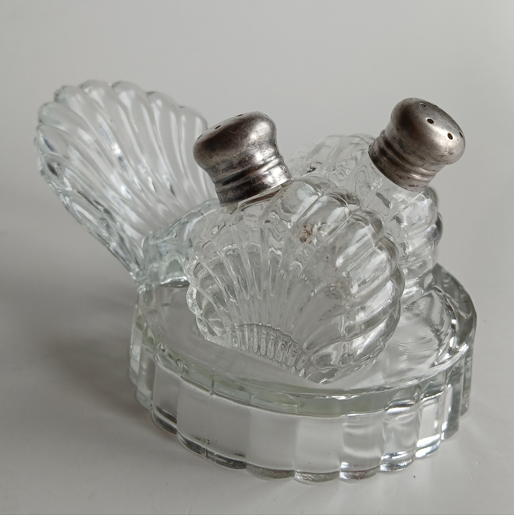 Vintage Glass Salt and Pepper Shakers with Tray and Sterling Tops
